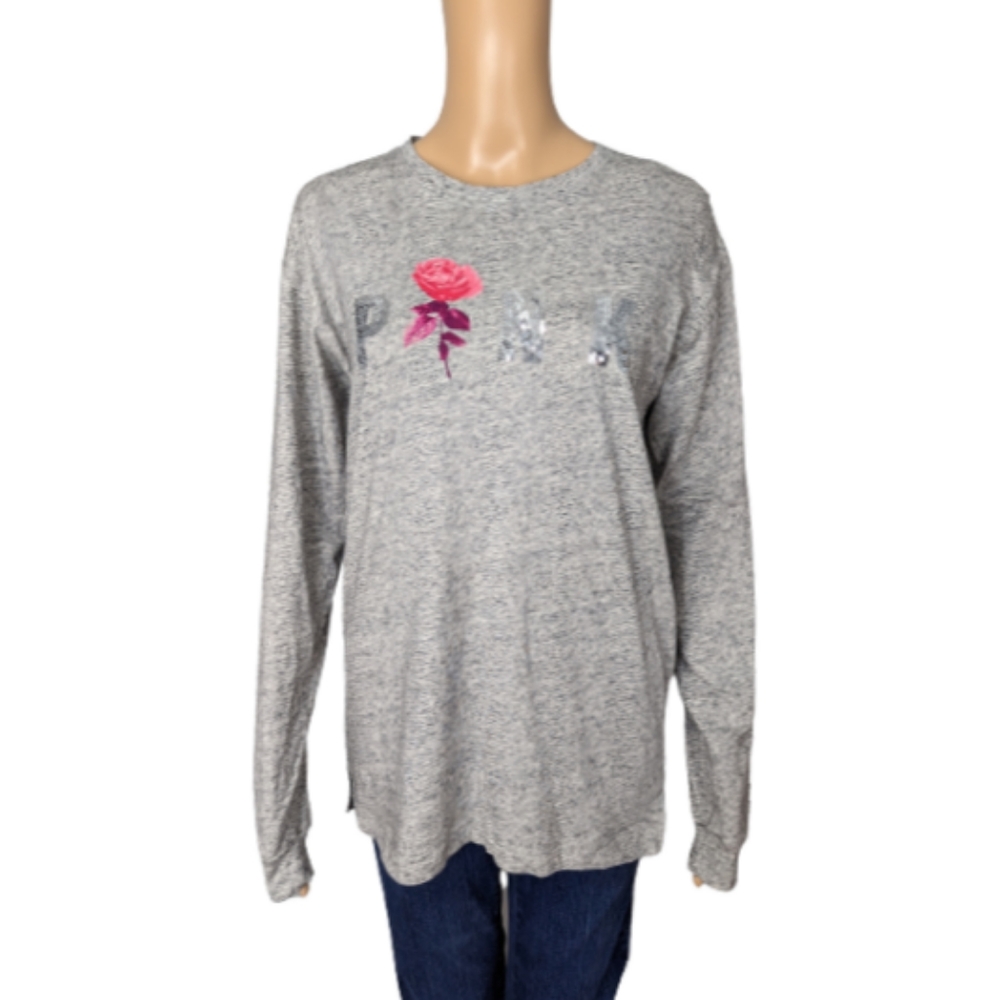 PINK Victoria's Secret Sequin Rose Campus Long Sleeve Tee Size XS